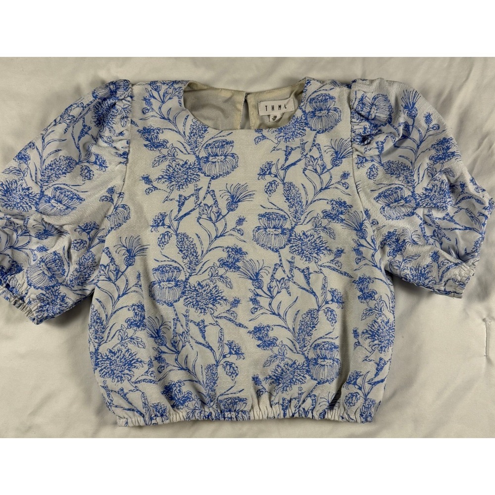 THML XS Blue Floral Toile Shoulder Puff Sleeve Jacquard Top Cottagecore Coastal